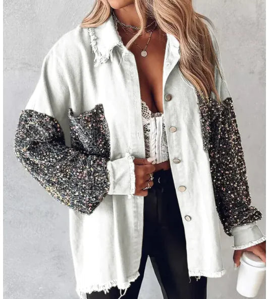 Contrast Sequin Shacket | Denim-Like Jacket with Sequin Accents for Women