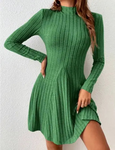 Half Turtleneck Ribbed Dress | Solid Color Long Sleeve Dress for Women | Chic & Comfortable Fit