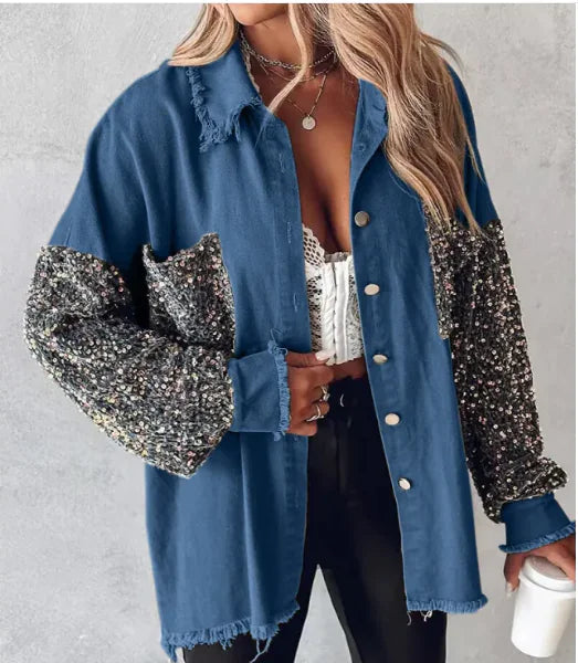 Contrast Sequin Shacket | Denim-Like Jacket with Sequin Accents for Women