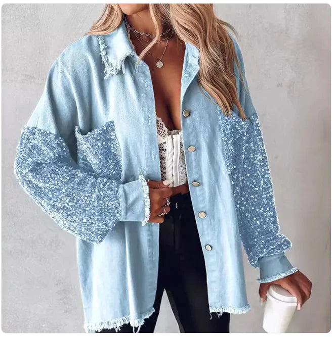 Contrast Sequin Shacket | Denim-Like Jacket with Sequin Accents for Women