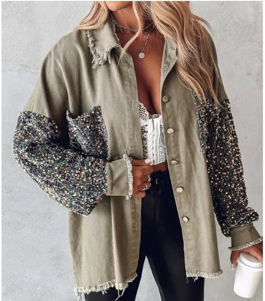 Contrast Sequin Shacket | Denim-Like Jacket with Sequin Accents for Women