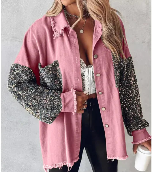 Contrast Sequin Shacket | Denim-Like Jacket with Sequin Accents for Women