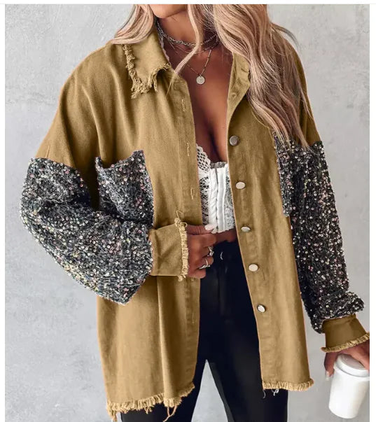 Contrast Sequin Shacket | Denim-Like Jacket with Sequin Accents for Women