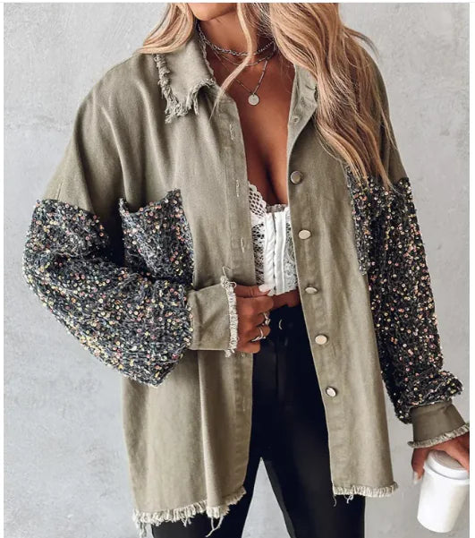 Contrast Sequin Shacket | Denim-Like Jacket with Sequin Accents for Women